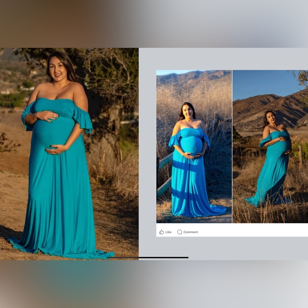 Sew Trendy Elegant Blue Off-Shoulder Maternity Dress